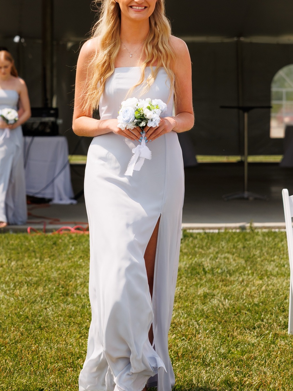 Birdy Grey Light Blue Strapless Cowl Gown